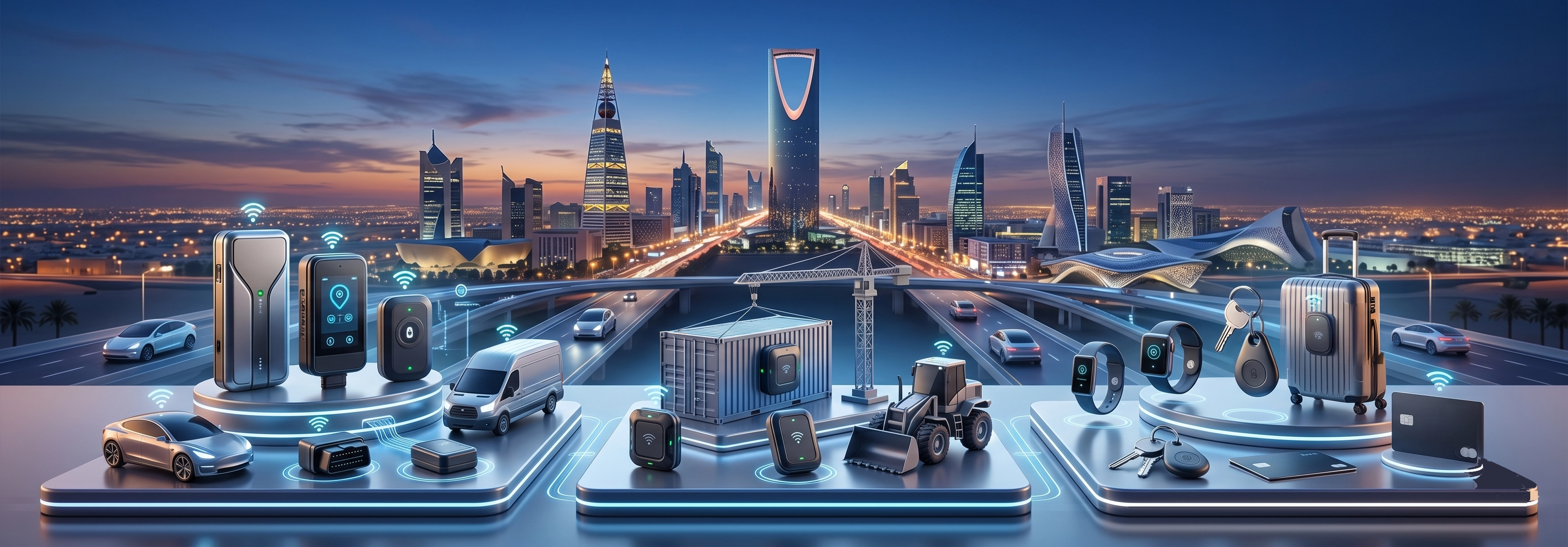 عرض شامل لأجهزة تتبع GPS لعام 2026 في السعودية: تتبع المركبات، الأصول، والأفراد مقابل أفق مدينة الرياض المضاءة