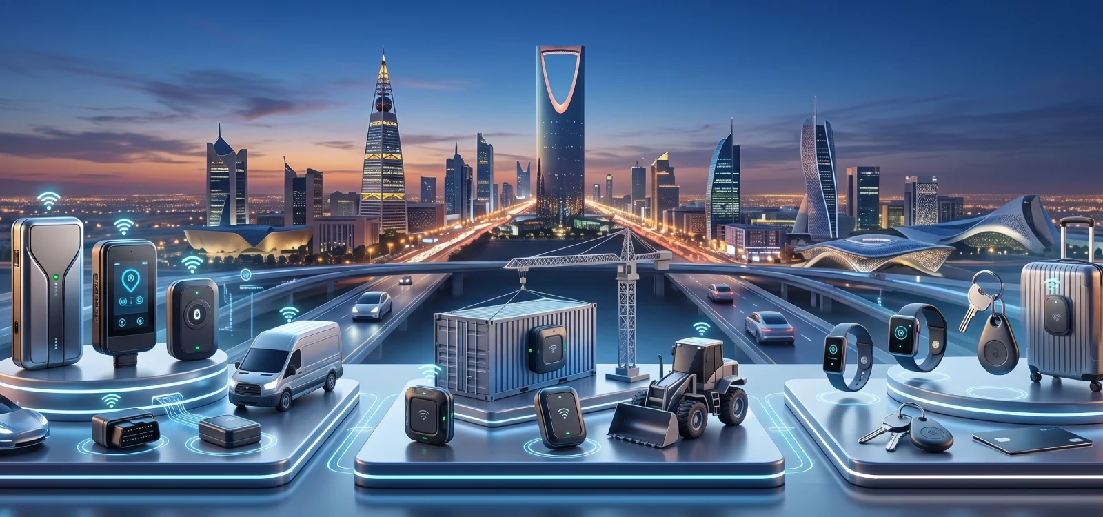 عرض شامل لأجهزة تتبع GPS لعام 2026 في السعودية: تتبع المركبات، الأصول، والأفراد مقابل أفق مدينة الرياض المضاءة