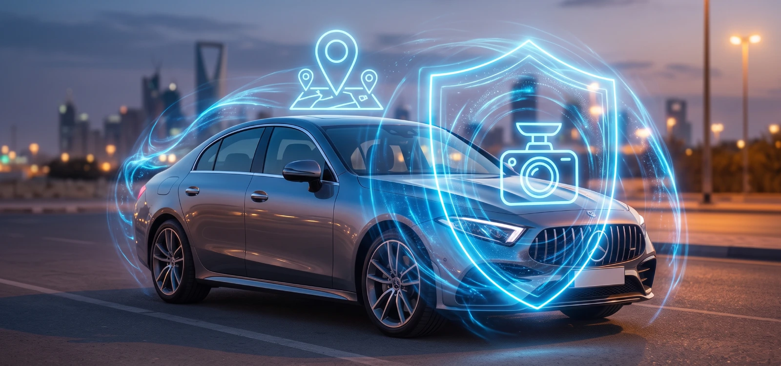 Sleek car protected by a digital shield representing 24/7 car protection using a dashcam and GPS tracker in Saudi Arabia.