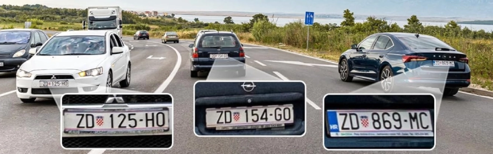 Dash cam footage demonstrating high resolution by magnifying and clearly displaying the license plates of three different moving cars on a highway
