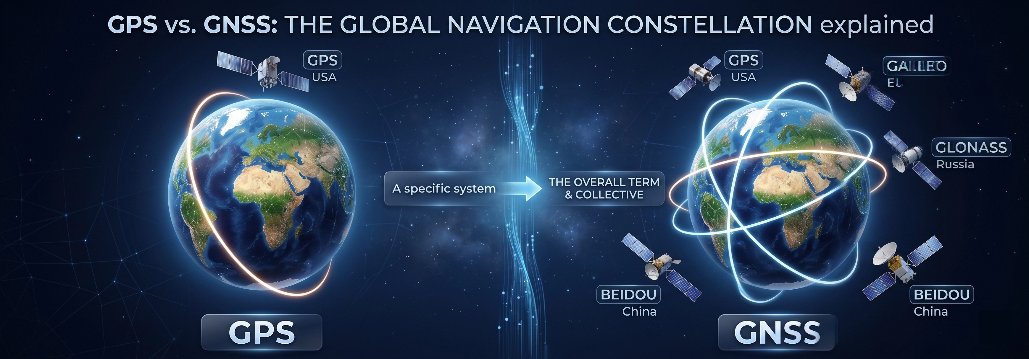 رسم بياني يوضح الفرق بين تتبع GPS و GNSS من حيث التغطية والدقة