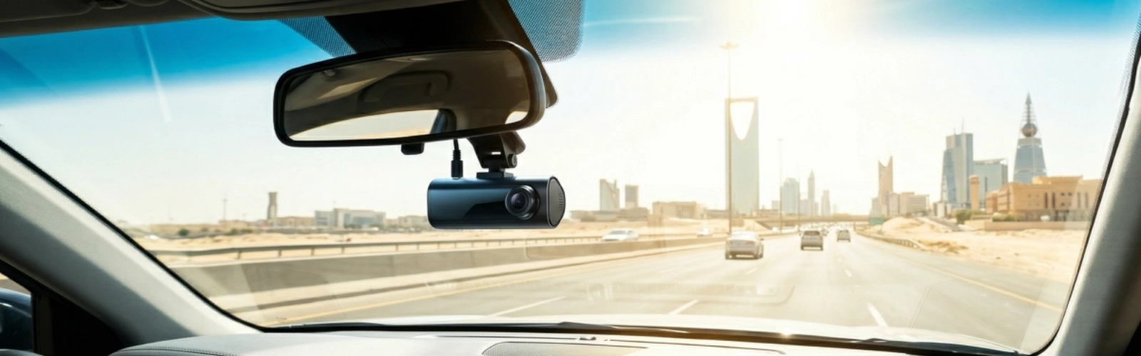 Inside car panoramic view showing a supercapacitor dash cam mounted behind rearview mirror, looking out at a sun-drenched Riyadh highway.