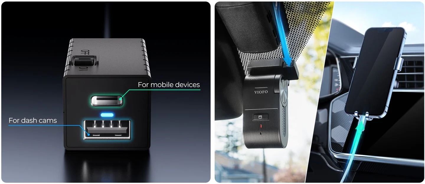VIOFO OP100 Dual Output Ports featuring Dash Cam Power and Extra Type-C Phone Charger