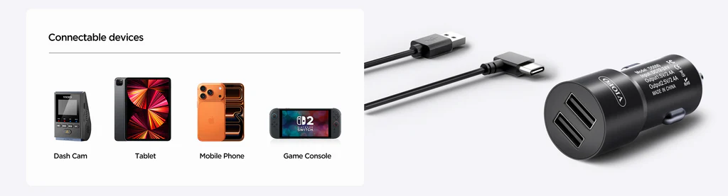 VIOFO D5000 dual USB ports powering a dash cam and a smartphone simultaneously