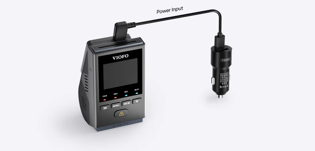 Correct power connection method — USB Type-C plug inserted into the GPS module Type-C port of the VIOFO dash cam