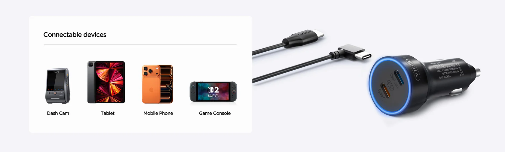 VIOFO D6000 dual USB-C ports powering a dash cam, smartphone and laptop simultaneously