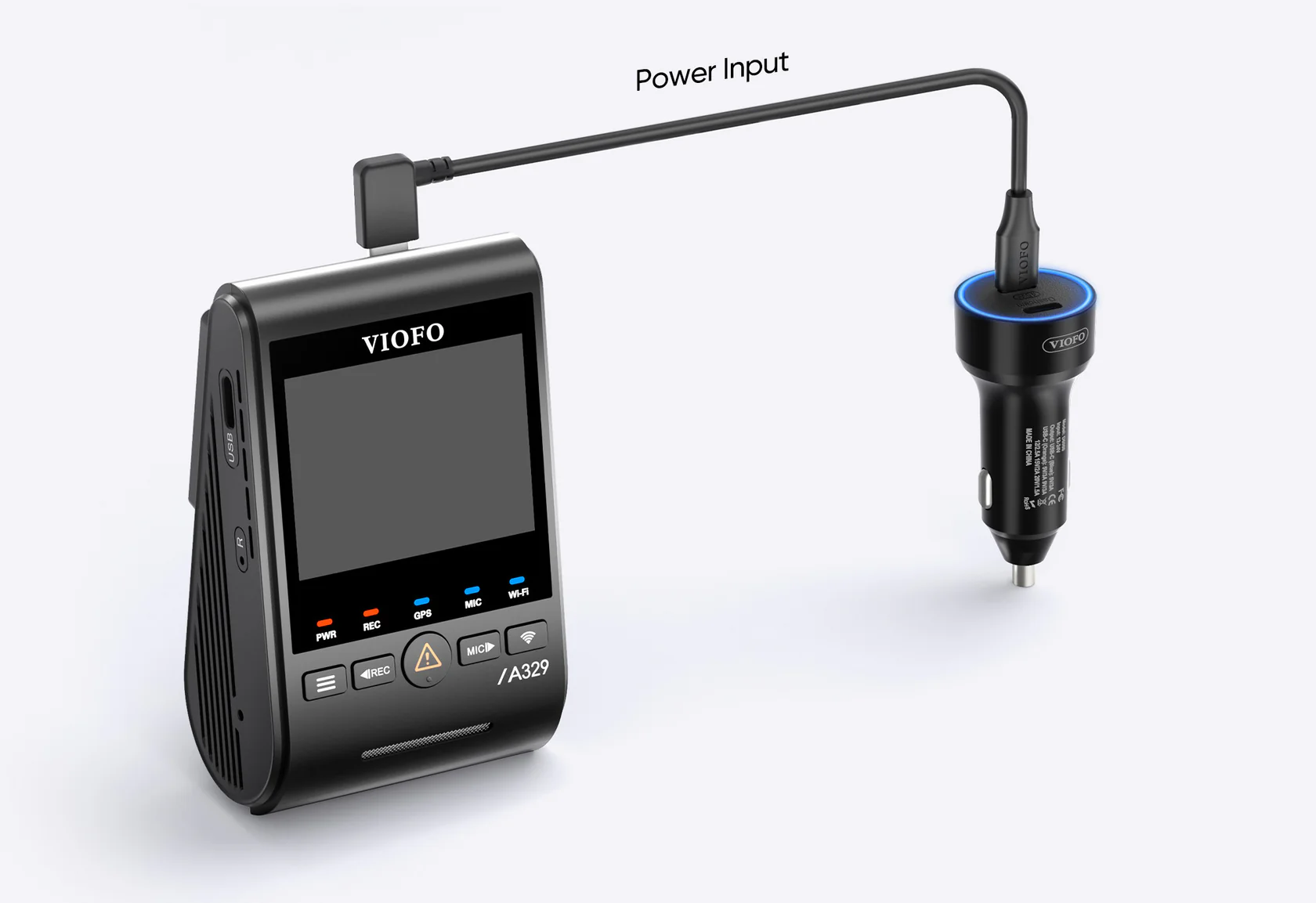 Correct power connection — USB-C plug inserted into the dedicated Dashcam port of the VIOFO D6000 charger