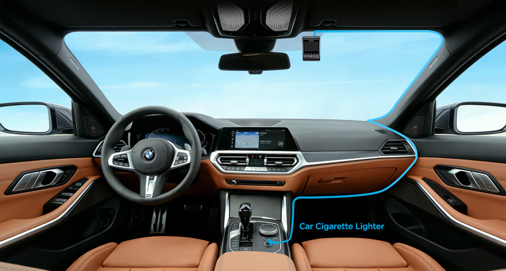 Easy installation diagram showing the D6000 charger plugged into the cigarette lighter socket and connected to a VIOFO A329S dash camera