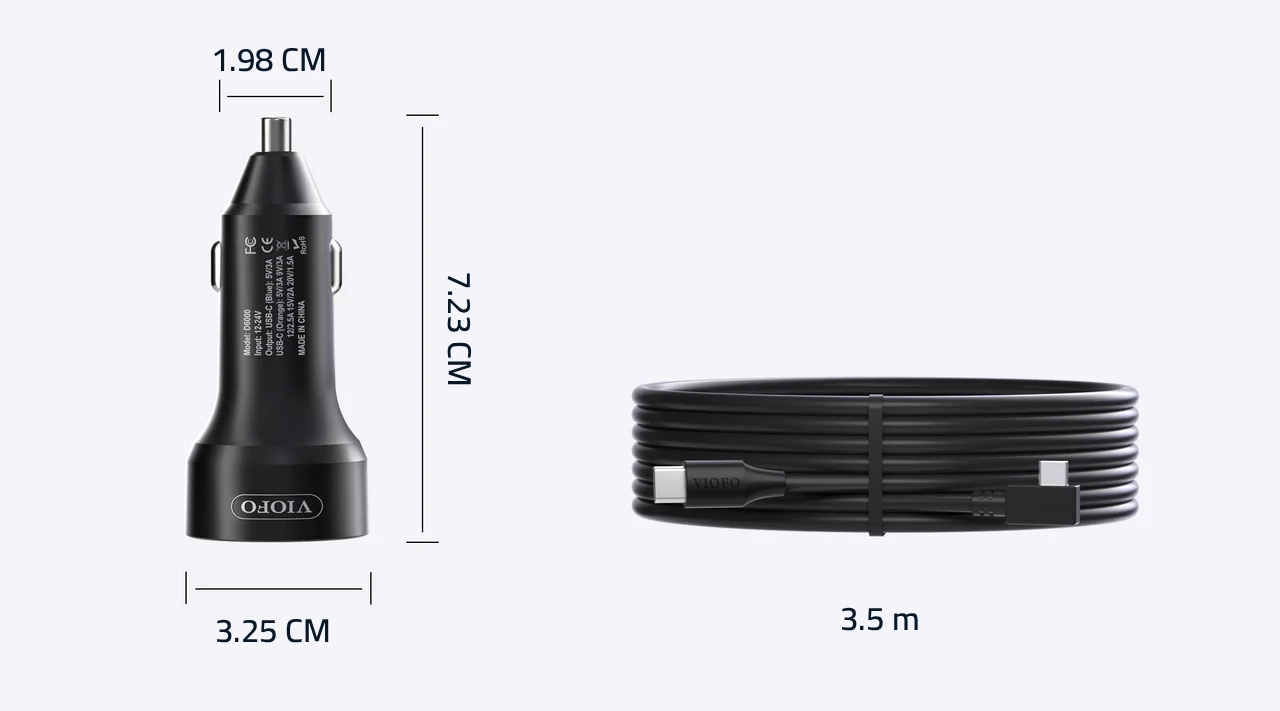 VIOFO D6000 car charger and cable dimensions diagram