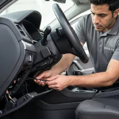 A technician professionally installing a discreet GPS tracking device in a vehicle’s dashboard.