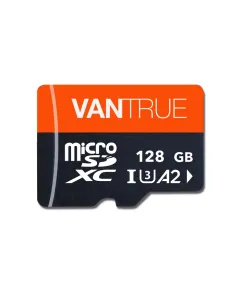 Vantrue 128GB high-endurance microSDXC UHS-I memory card for dash cams, temperature-resistant and waterproof for reliable loop recording.