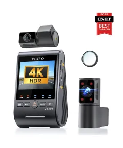 VIOFO A329S 3CH dash cam system featuring 4K front, 2K rear, and 2K fisheye cabin cameras with Sony STARVIS 2 sensors rated best Dashcam by CNET