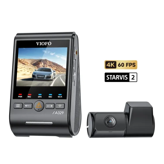 VIOFO A329 2CH Front & Rear Cameras showing the 4K and STARVIS 2 Logo VIOFO A329 2CH Front & Rear Cameras showing the 4K and STARVIS 2 Logo