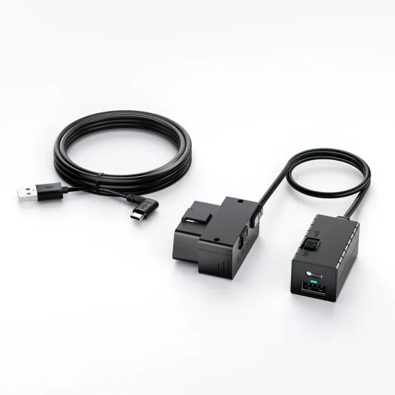 VIOFO OP100 OBD-II power adapter alongside the included Type-C dash cam cable